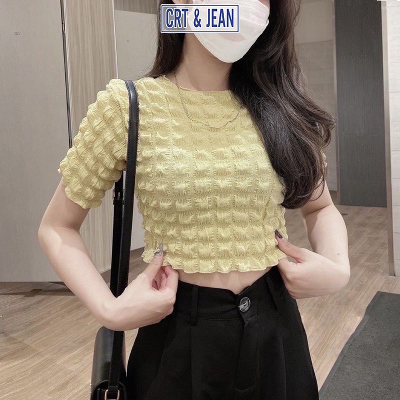 Áo thun croptop nữ CRT&JEANS chất liệu xốp ô vuông co giãn CR09