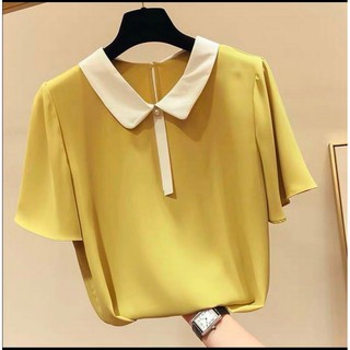 Áo Kiểu Sơ Mi Nữ Hàn Quốc Cổ Phối Trắng Tay Phồng Cánh Sen Công Sở