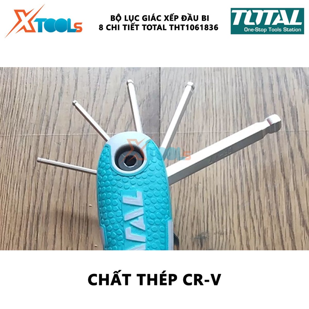 Bộ khóa lục giác xếp 8 chi tiết TOTAL THT1061836 Bộ 8 chìa lục giác bi Kích thước 2 - 8mm Thép CR-V tháo lắp, mở bulon