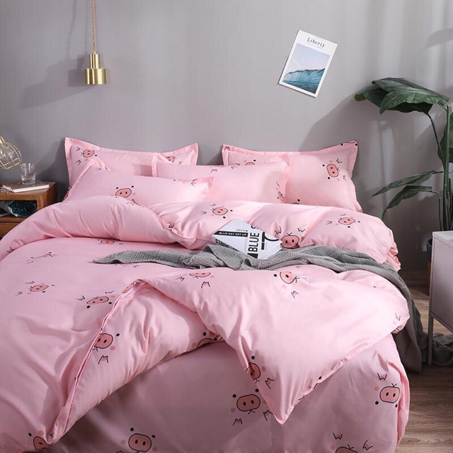 Bộ Drap &amp; Chăn Phao Cotton Poly Mũi Lợn Hồng