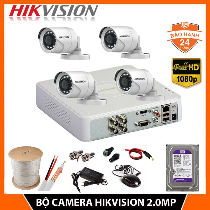 [FreeShip]Trọn Bộ Camera Hikvision 2MP FHD 1080P,Hàng chính hãng [Bộ 1-4 2MPX] , HDD 500GB, đầy đủ phụ kiện