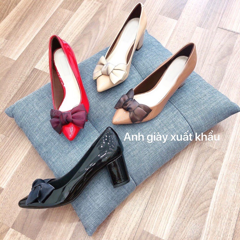 CG34 -Giày da bóng mũi nhọn nơ voan lụa gót vuông 5p