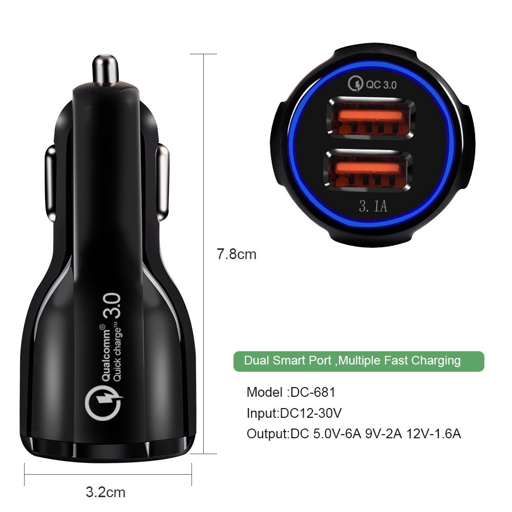 Tẩu Sạc Nhanh QC 3.0 2 Cổng USB 12V 24V Cho Xe Hơi