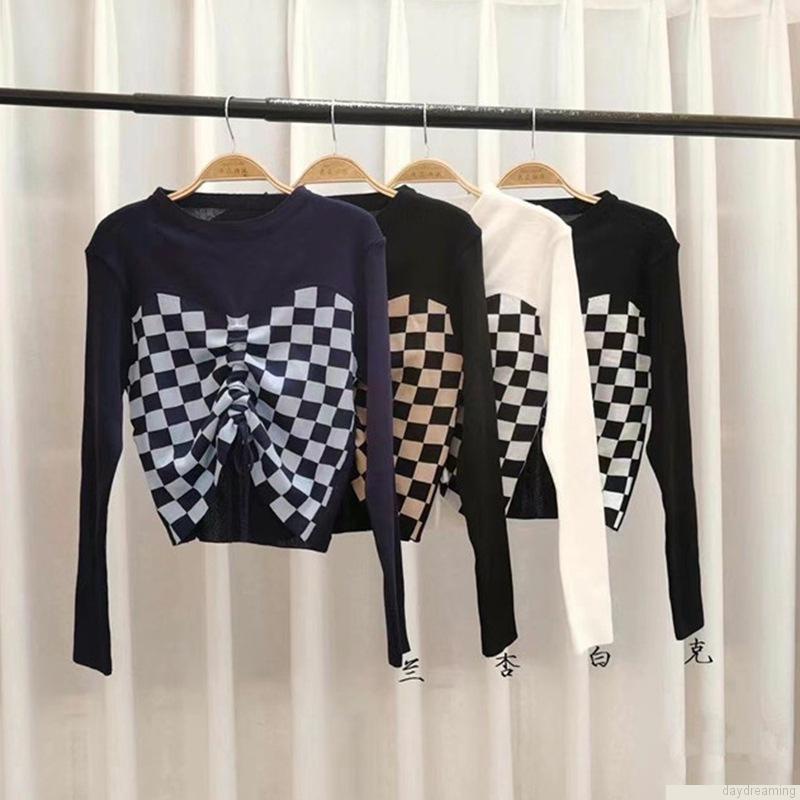 Áo croptop dệt kim tay dài dáng ôm phối dây rút trước họa tiết kẻ sọc thời trang mùa thu quyến rũ cho nữ
