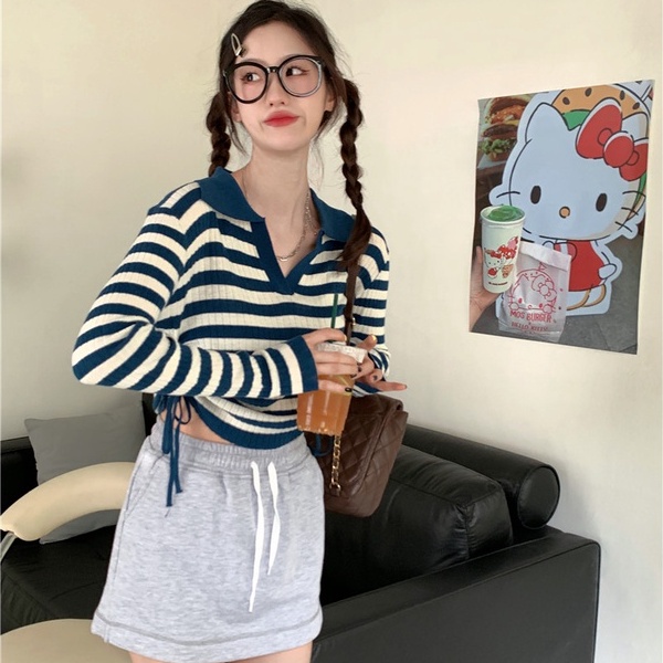 Áo sweater ZHELIHANGFEI cổ polo tay dài lưng cao phối dây rút kẻ sọc thiết kế quyến rũ