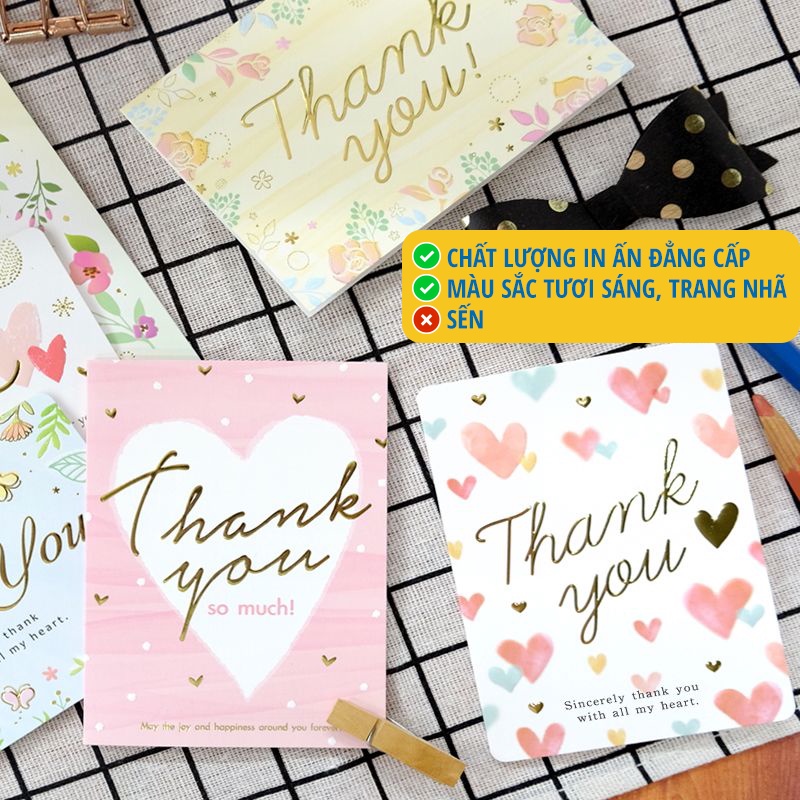 Thiệp giấy chủ đề Cảm ơn Thank you Card Cao Cấp Nhập Từ Đài Loan TK1530 Chữ Nhũ Vàng Họa tiết Cute 10.5x7.2cm