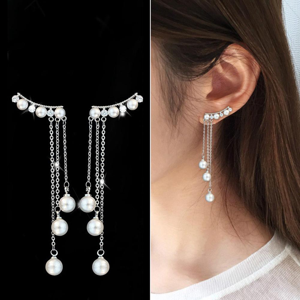 Cặp khuyên tai nữ chuỗi dài đính hạt ngọc màu bạch kim quý phái thanh lịch