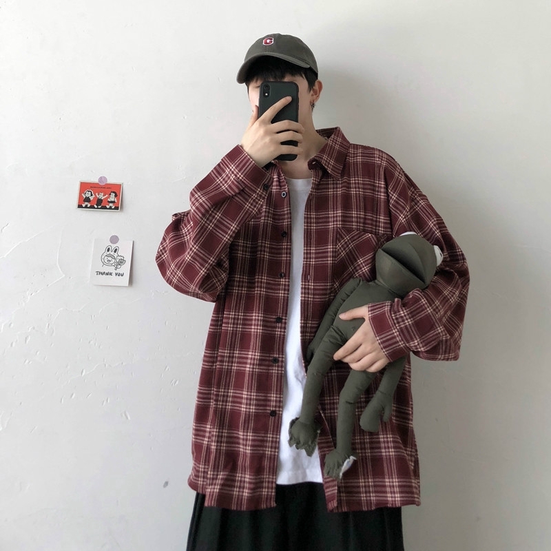 Áo sơ mi dài tay cổ bẻ in caro phong cách Hàn Quốc cá tính cho nam | BigBuy360 - bigbuy360.vn