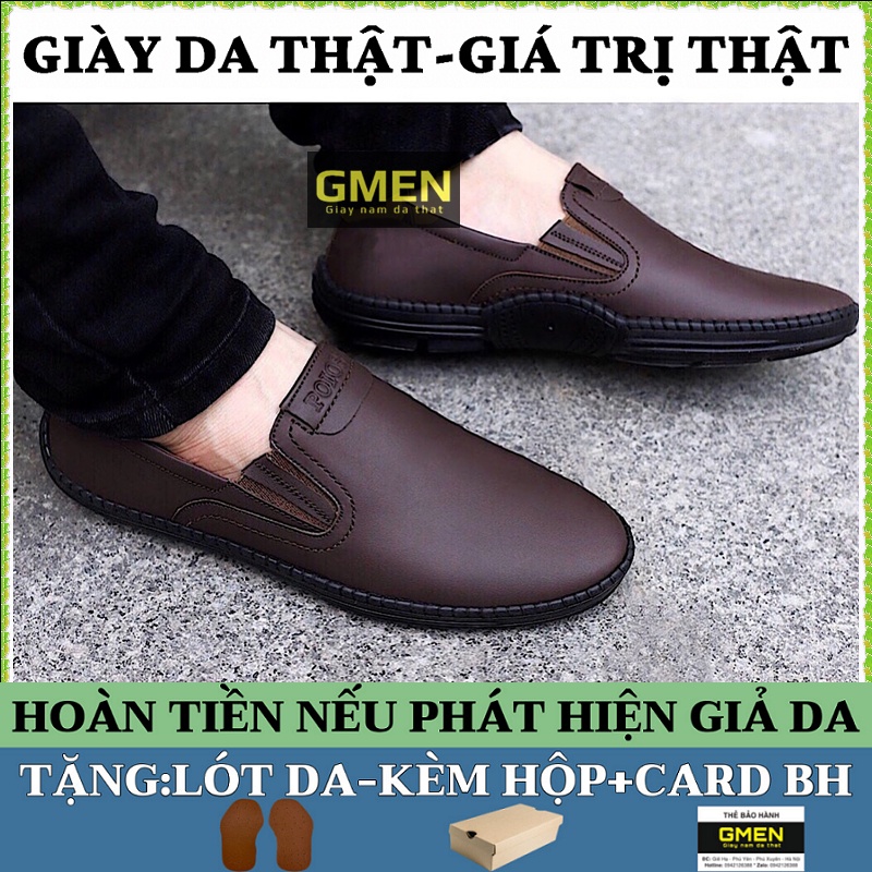 Giày lười nam da bò mềm mại đế cao su khâu chỉ bảo hành 12 tháng GM09