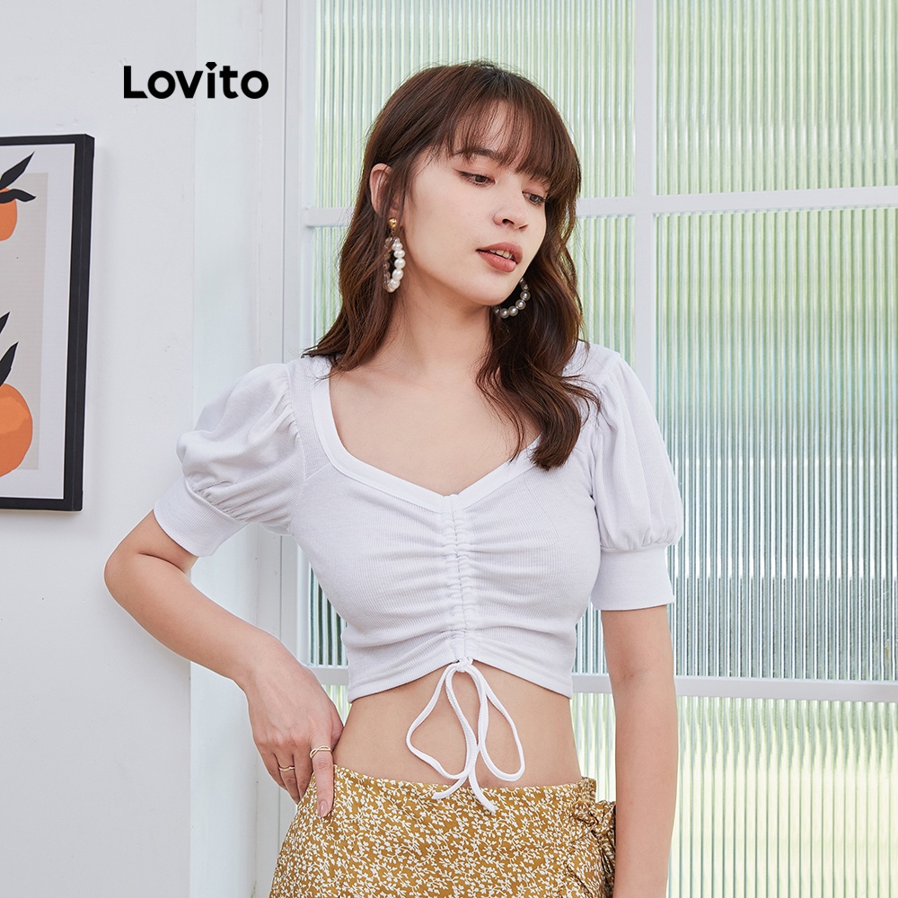 Áo Lovito thiết kế dây rút tay phồng cổ chữ V L04107 (Màu trắng)