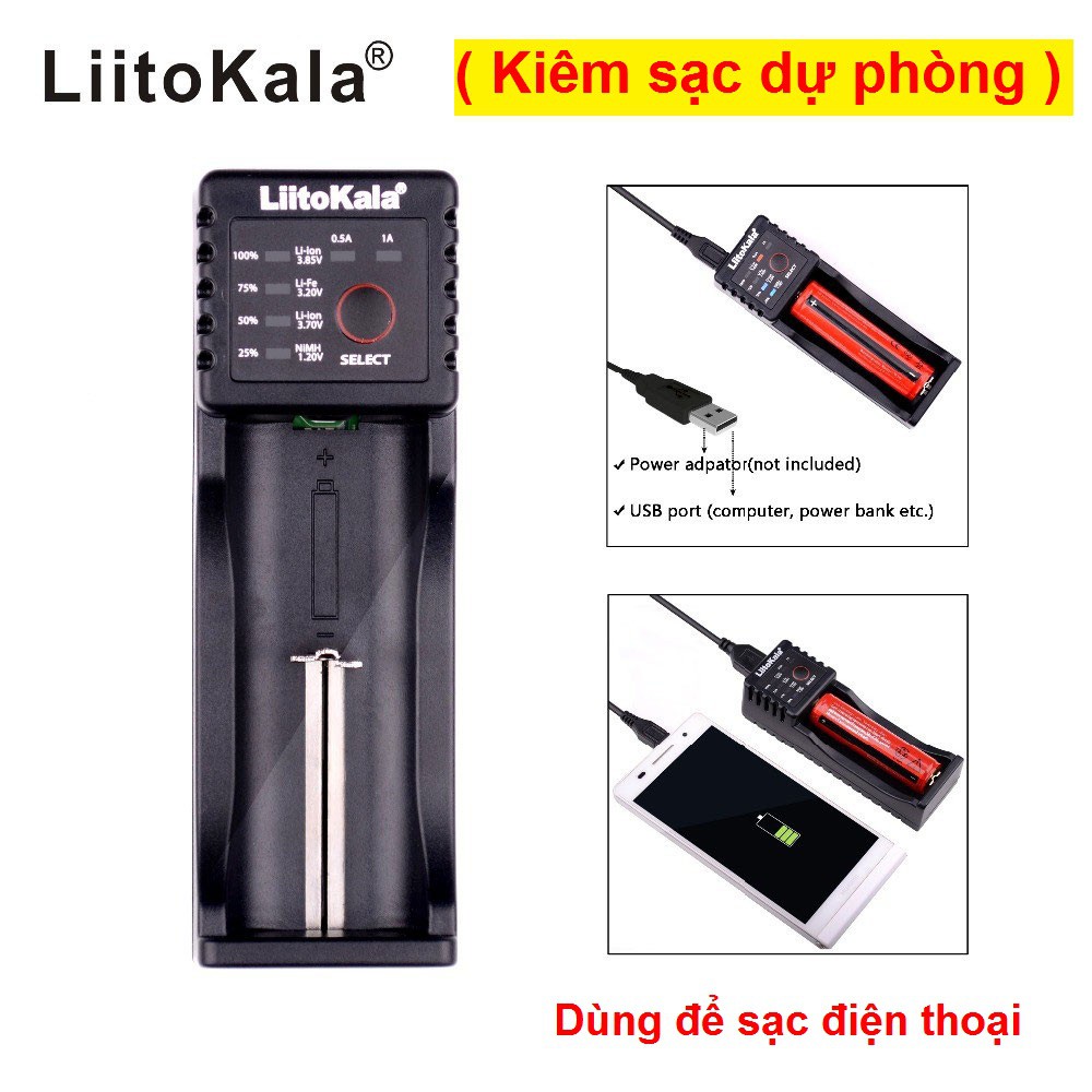 Sạc pin đa năng Liitokala Lii 100, kiêm sạc dự phòng dùng sạc điện thoại