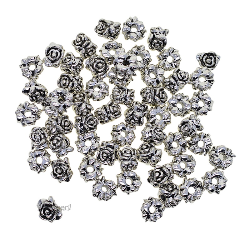 Set 50 hạt hoa hồng dùng tự làm trang sức bằng hợp kim màu bạc Tây Tạng