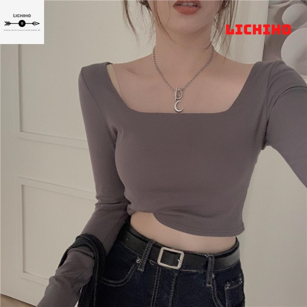 Áo croptop tay dài cổ vuông CT06 LICHIHO áo thun nữ gợi cảm chất vải tốt chất lượng