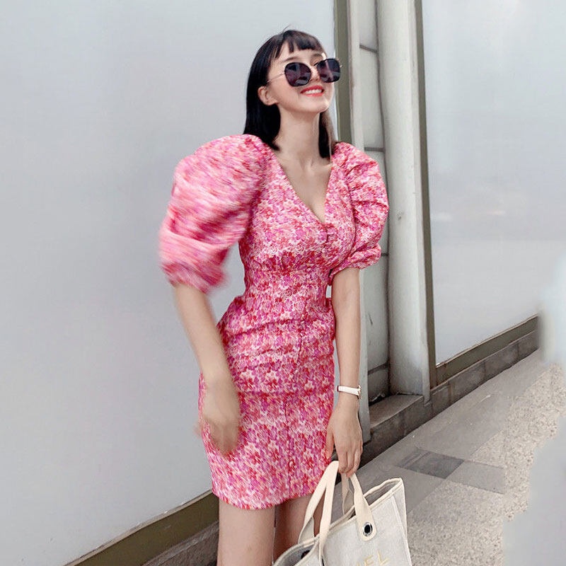 TAFON Elegant French Puff Sleeve Fashion Floral Dress