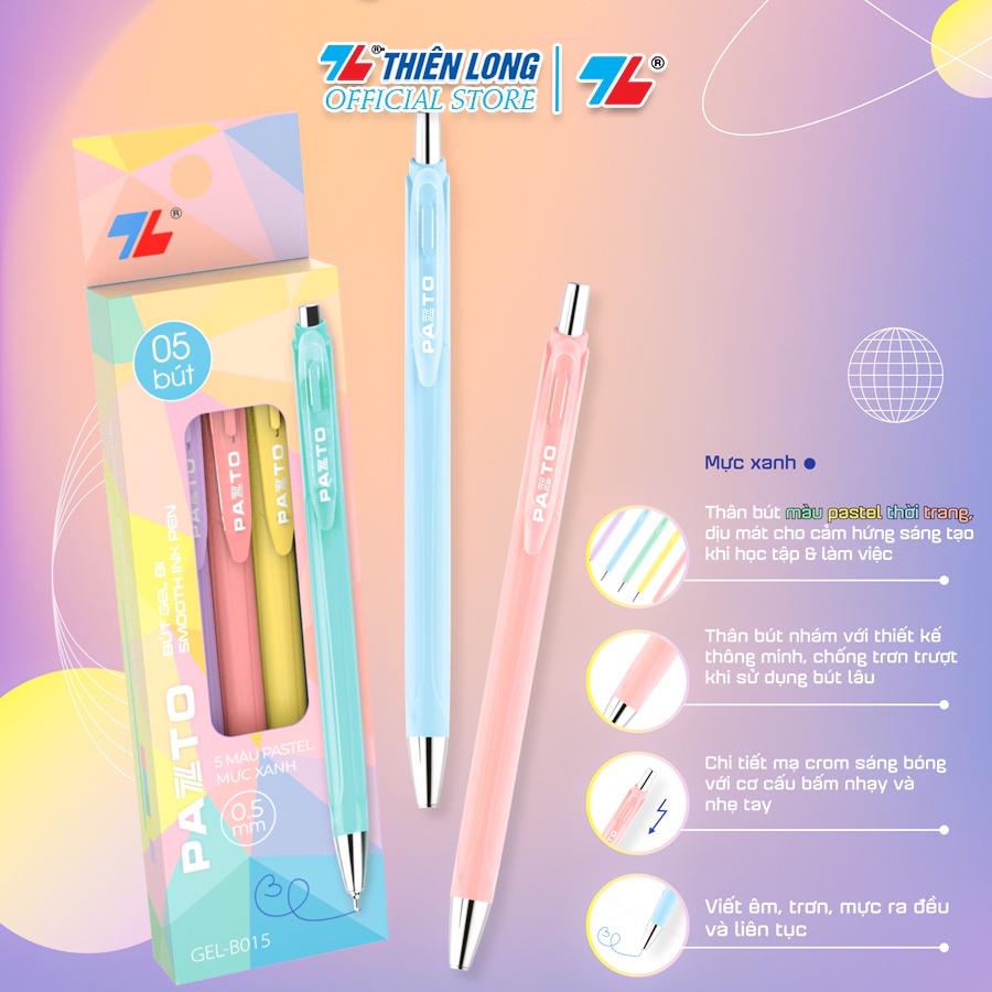 Bút Gel nước Thiên Long Gel-B015 ngòi 0.5mm mực xanh viết trơn êm mực dầu, 5 tone pastel