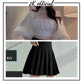 ⚡ Freeship ⚡ Set áo croptop chân váy tennis - Chân váy xếp ly + áo tiểu thư tay phồng cột nơ thời trang