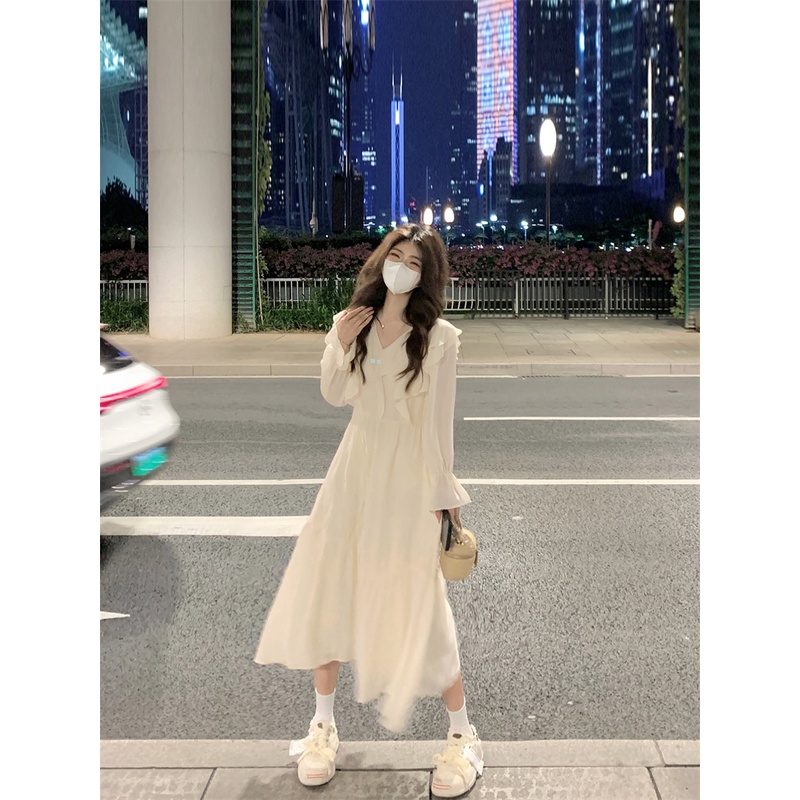 Đầm midi tay dài cổ chữ V viền bèo phong cách Pháp thời trang dành cho nữ