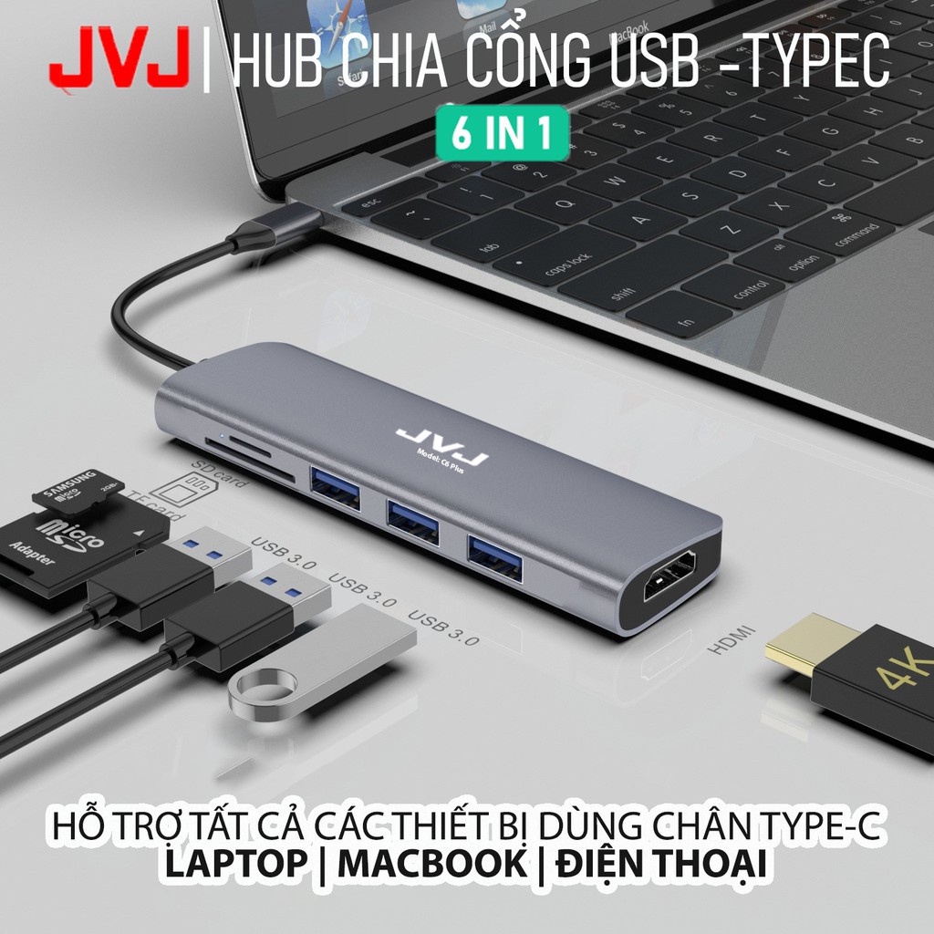 Hub type C USB C6 JVJ 6 trong 1 đa năng cổng chuyển đổi chia cổng USB 3.0 tốc độ 500Mb/s SD, TF, 4K,HDMI cho MacBook lap