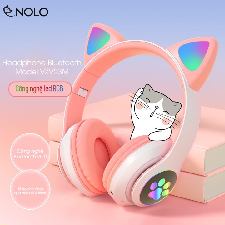 Tai Nghe Chụp Tai Headphone Bluetooth V5.0 VZV23M Kiểu Dáng Tai Mèo Có Đèn Led RGB Đổi Màu Hỗ Trợ Nghe Qua Dây Cắm