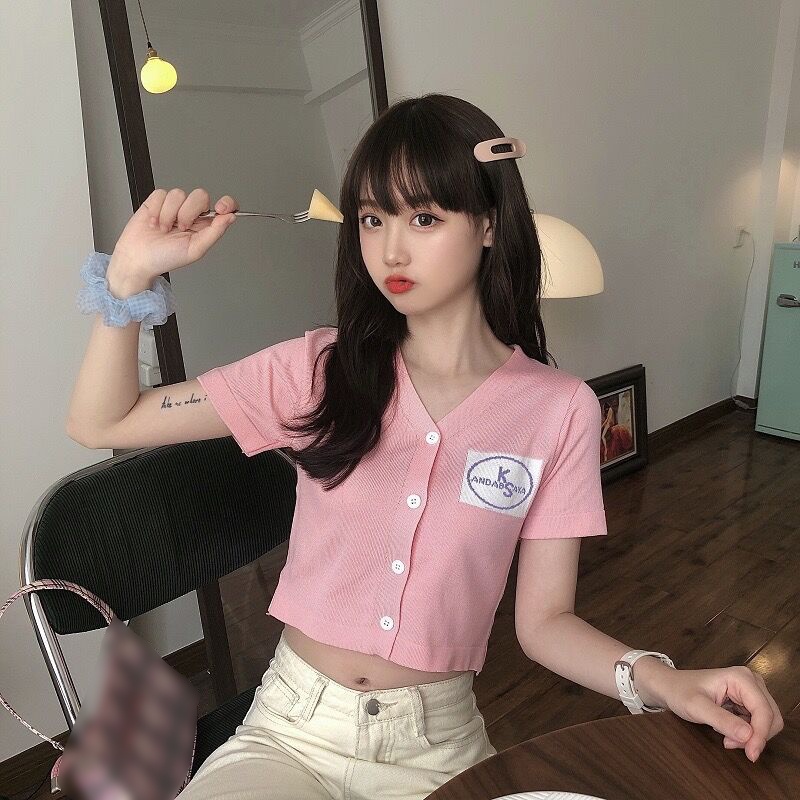 Áo Cardigan Dệt Kim Tay Ngắn Cổ Chữ V Thêu Chữ Màu Sắc Thời Trang Mùa Hè Cho Nữ