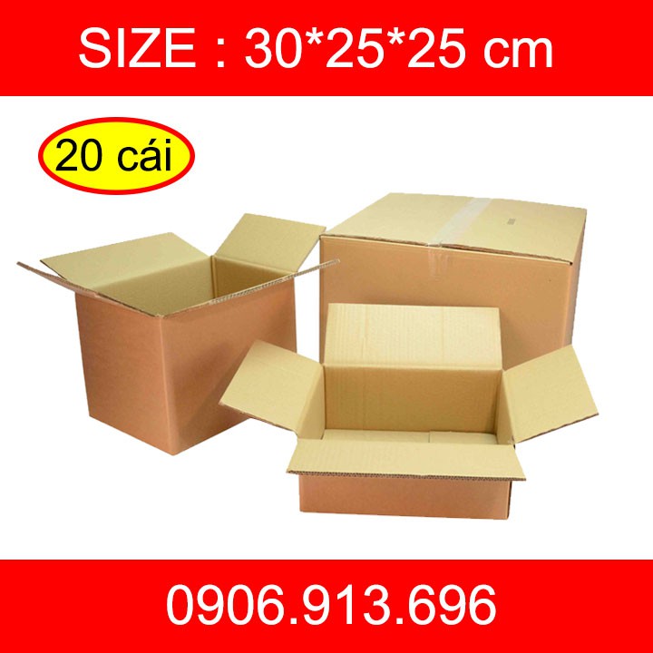 Thùng giấy carton 3 lớp sóng C size 30x25x25 cm - combo 20 thùng