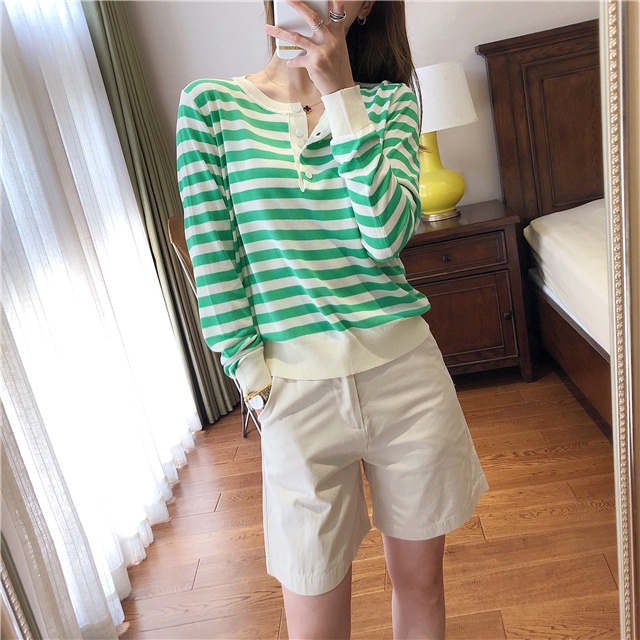 【ZHELIHANGFEI】Áo Len Tay Dài Form Rộng Họa Tiết Kẻ Sọc Hợp Thời Trang Dễ Phối Đồ