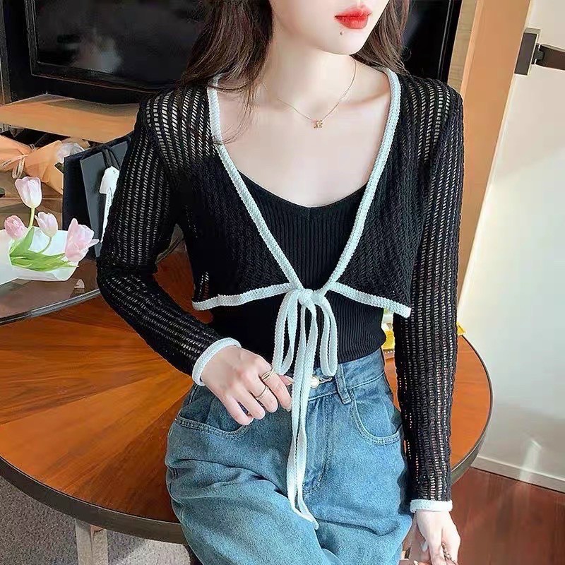 Áo choàng cardigan lưới croptop viền thắt dây