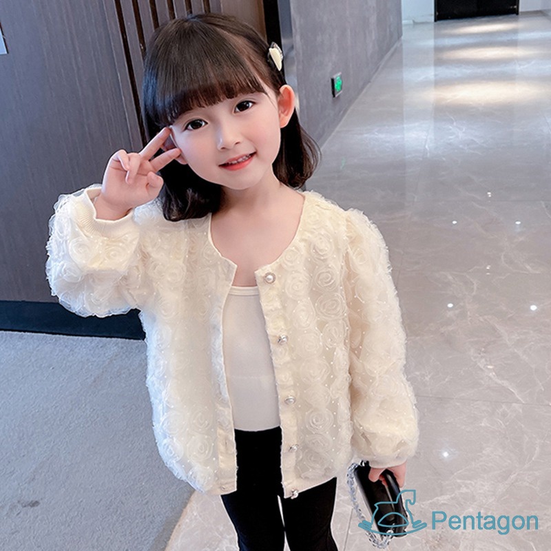 Áo Khoác Cardigan Tay Dài Có Gân Và Nút Ngọc Trai Dễ Thương Dành Cho Bé Gái