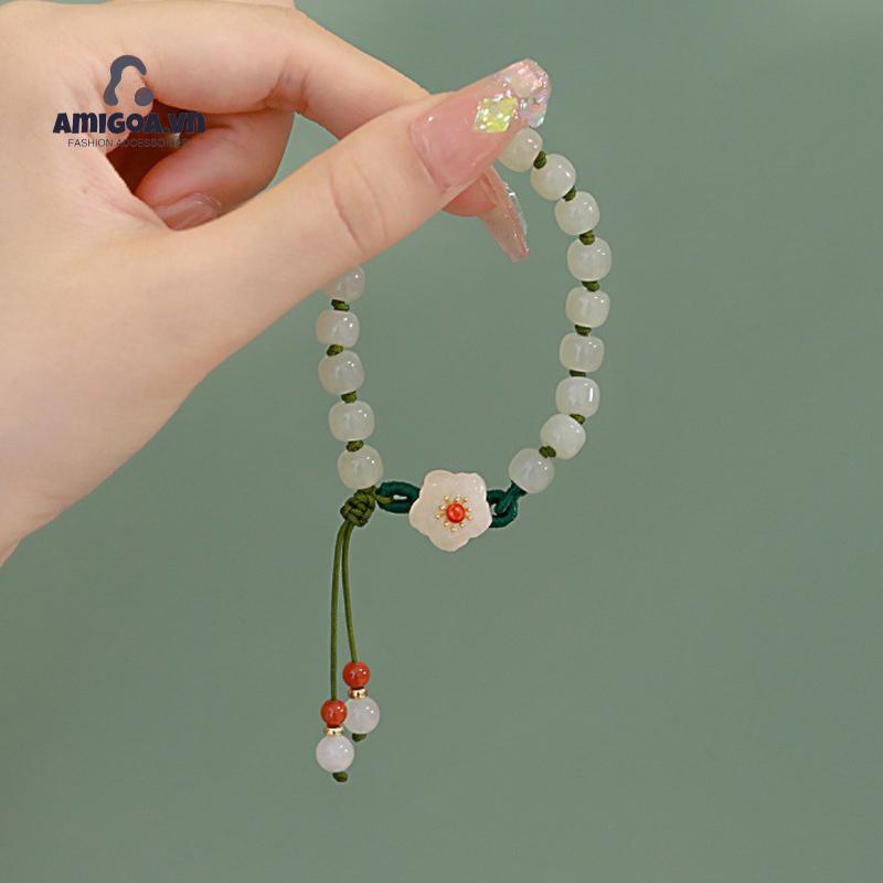 ✨✨Vòng Tay Dây Bện Xỏ Hạt Đá Ngọc Bích Hoa Đào Nhỏ Chuyển Đổi Dâu Tây Phong Cách Dân Tộc Dành Cho Bạn Nữ