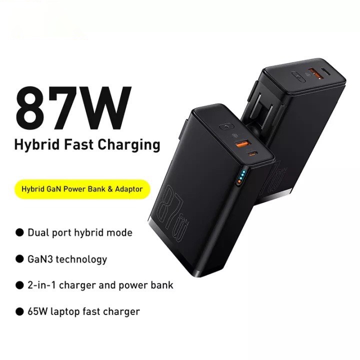 Sạc dự phòng kiêm củ sạc 2 trong 1 Baseus GaN3 87w 10000mAh giúp sạc nhanh điện thoại và máy tính, laptop