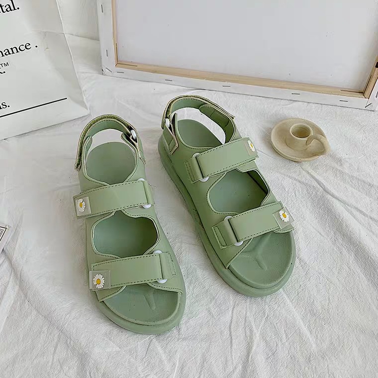 [CÓ SẴN] Giày sandal nữ hoa cúc quai bản ngang ULZZANG đế độn nâng cao 3 phân đi biển xanh/đen/kem đi chơi đi học đẹp