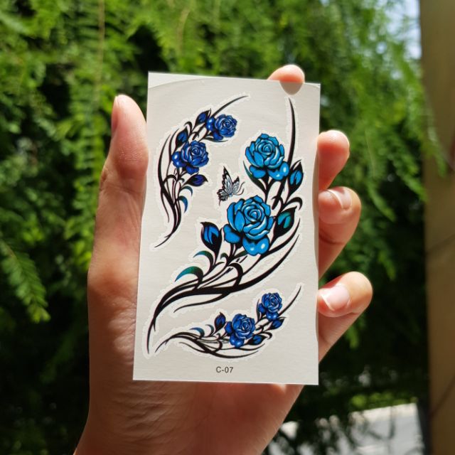 Hình xăm hoa hồng xanh c27. Xăm dán tatoo mini tạm thời, size &lt;10x6cm