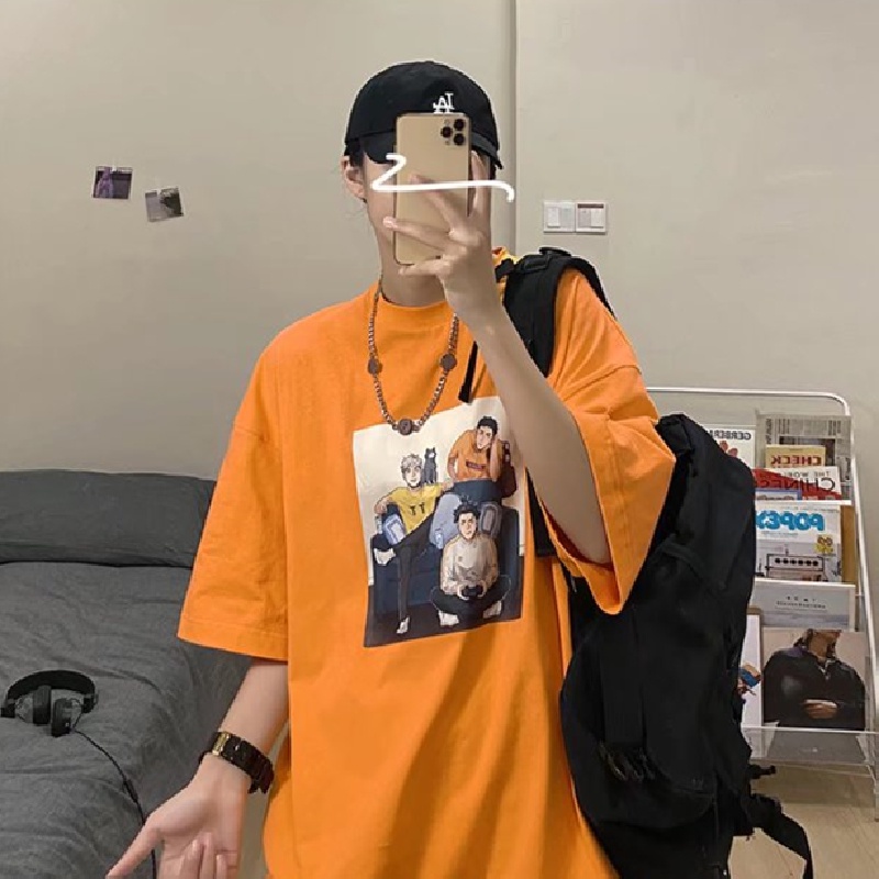 Áo Thun Mùa Hè Dáng Rộng Tay Cộc Cổ Tròn In Họa Tiết Hoạt Hình Phong Cách Hip Hop Đường Phố Cho Nam Và Nữ size M-8XL