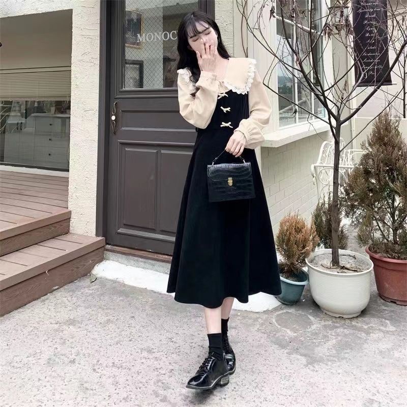 Váy babydoll Đầm Chữ a Tay Dài Cổ Búp Bê Phối Ren Phong Cách Pháp Thời Trang Xuân Thu Plus Size Cho Nữ