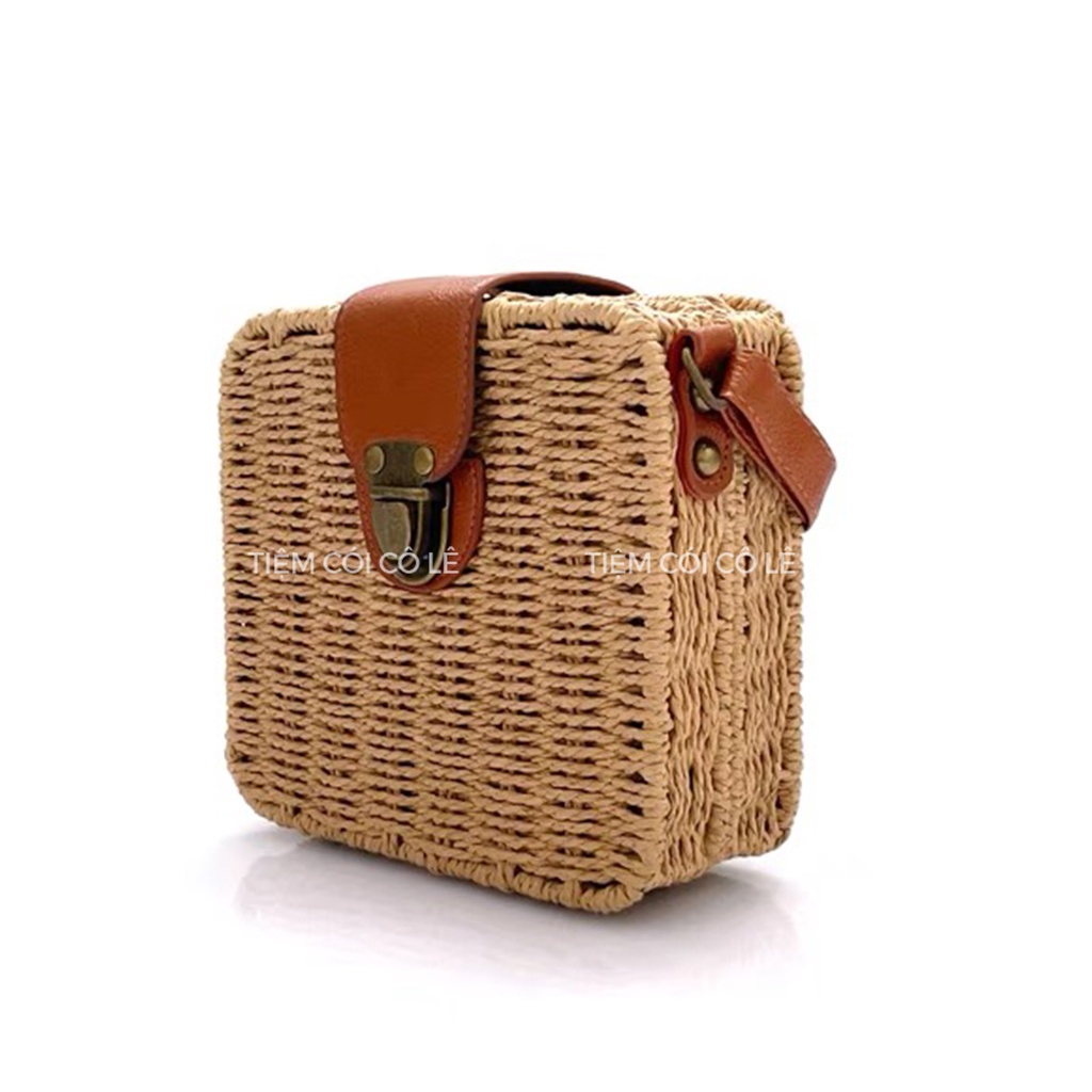 Túi cói vali đi biển quai đeo da có nút đóng kiểu dáng vintage - Tiệm Cói Cô Lê