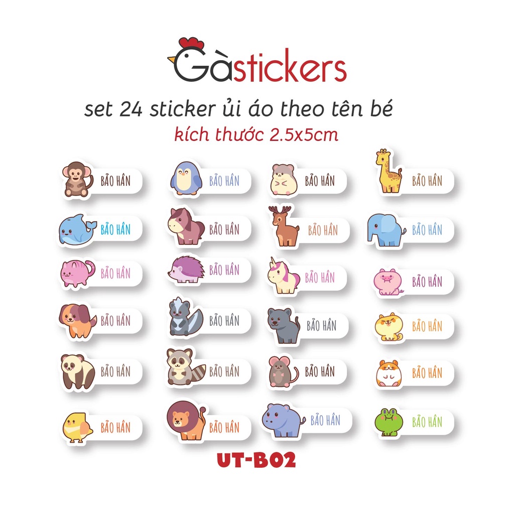 Bộ sticker ủi áo 24 miếng hình Động Vật Chibi - In theo tên bé - An toàn và dễ sử dụng - UT-B02