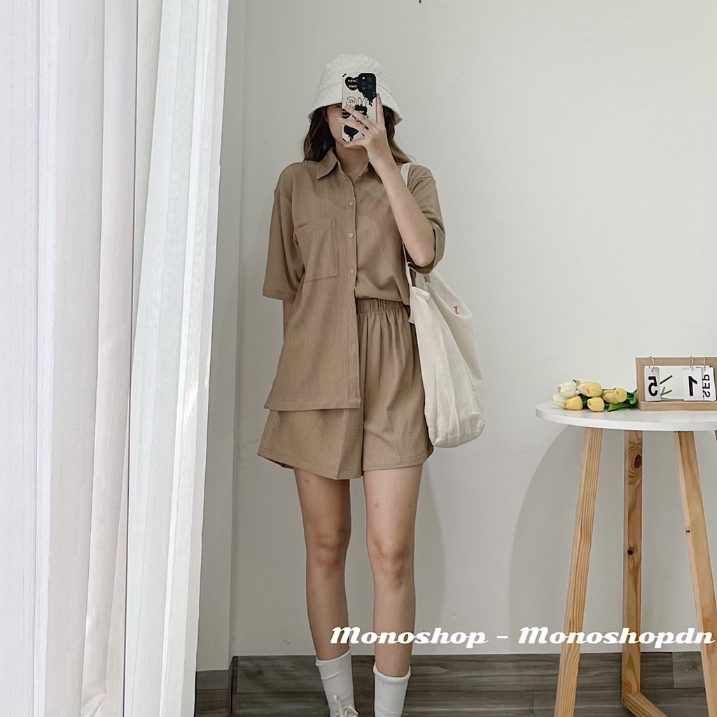 SET SƠ MI NHĂN 1 túi quần đùi lưng chun - Ánh thật/sẵn