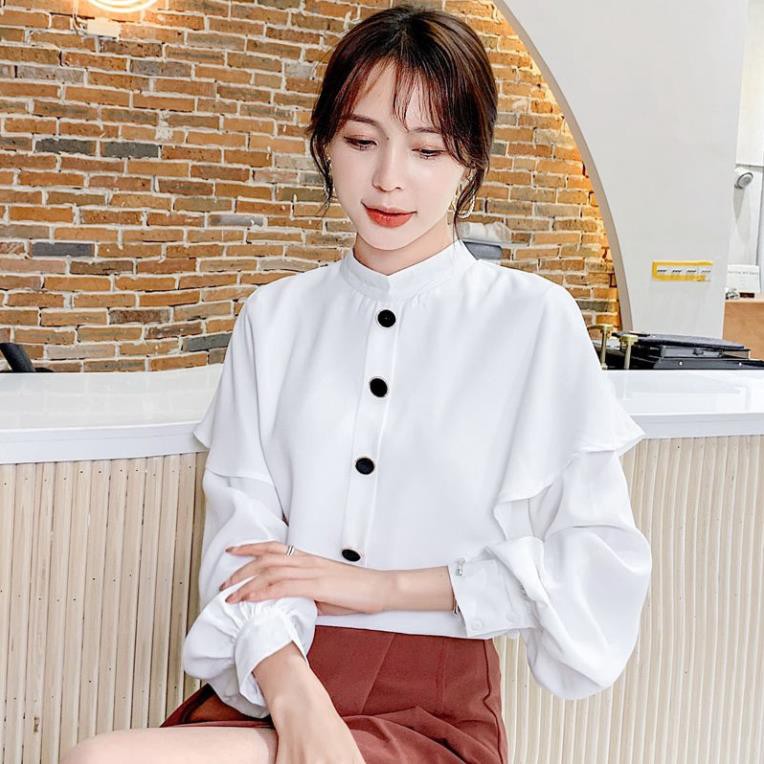 Áo Kiểu Tay Dài Cổ Lá Sen Màu Trơn Dáng Rộng Thời Trang Hàn Quốc Cho Nữ Đẹp