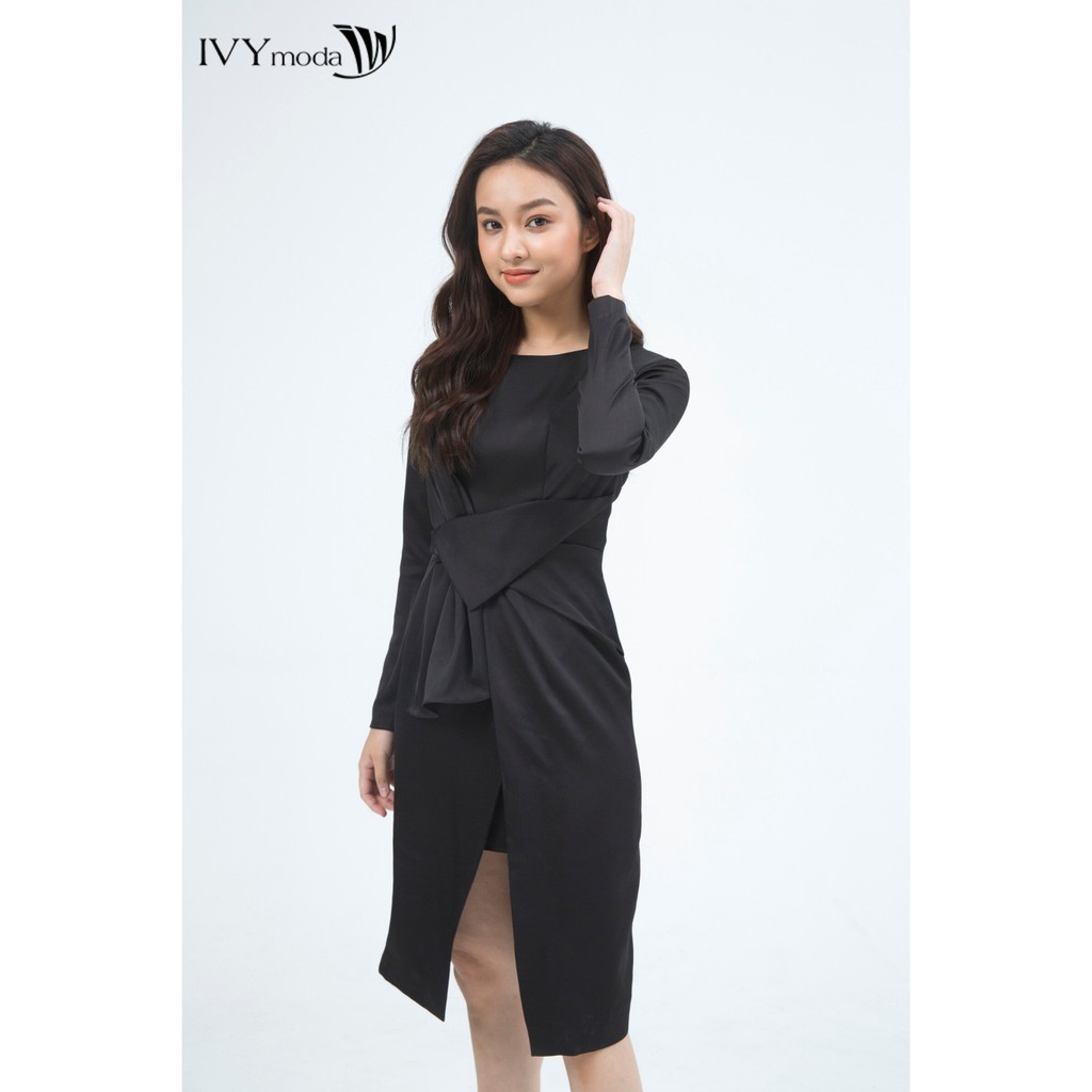 Đầm 2 lớp dài tay vạt nếp thiết kế IVY moda MS 48M5119