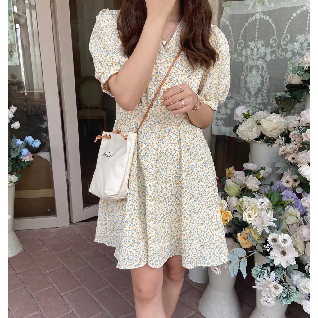 Váy xòe dáng ngắn hoa nhí cổ chéo Ulzzang style 🌸 Hàng quảng Châu