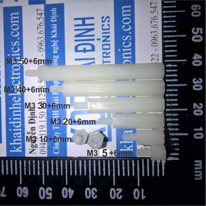 Cọc Nhựa lục giác M3 đầu đực cái , đầu vặn ốc dài 6mm, kích thước 5mm ~ 50mm kde0264