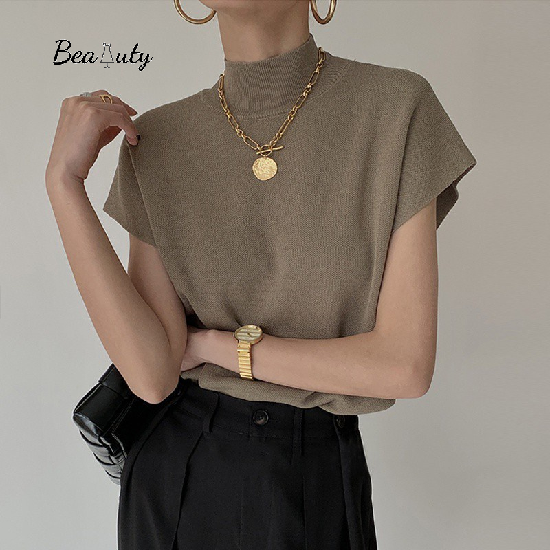 [MURIOKI] Áo Thun Dệt Kim Sát Nách Cổ Cao Kiểu Pháp Xinh Xắn Cho Nữ