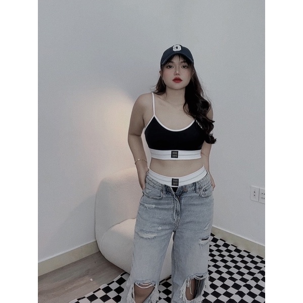 Set bikini dây phối viền trắng in logo xinh- KHOSIBOHOME