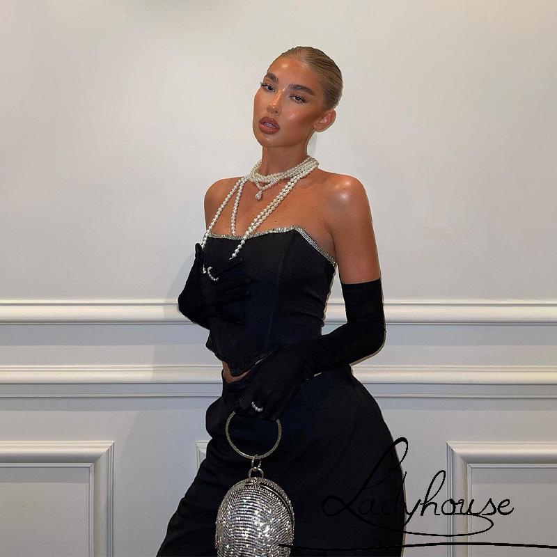 Áo Thun Crop Top Hai Dây Quấn Ngực Màu Trơn Đính Kim Cương Gợi Cảm Thời Trang Mùa Xuân Cho Nữ