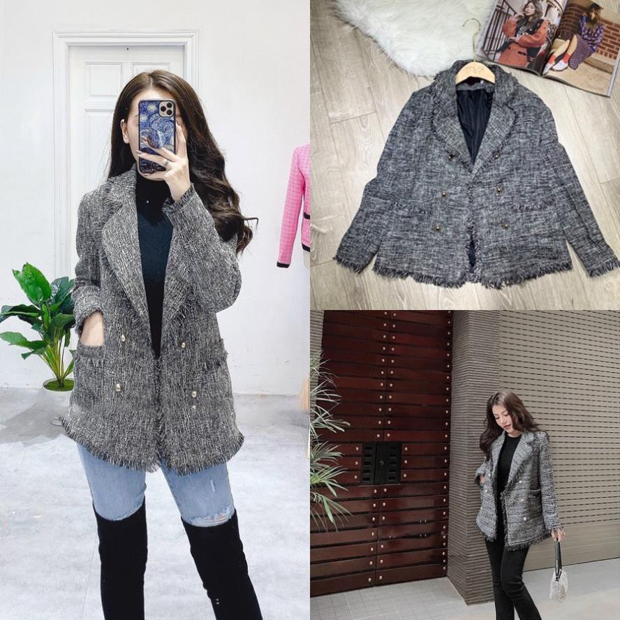 Áo Dạ Tweed Dài Tay Nữ TEMA - Áo Dạ Tweed Xám Ghi Tua Rua Siêu Xinh