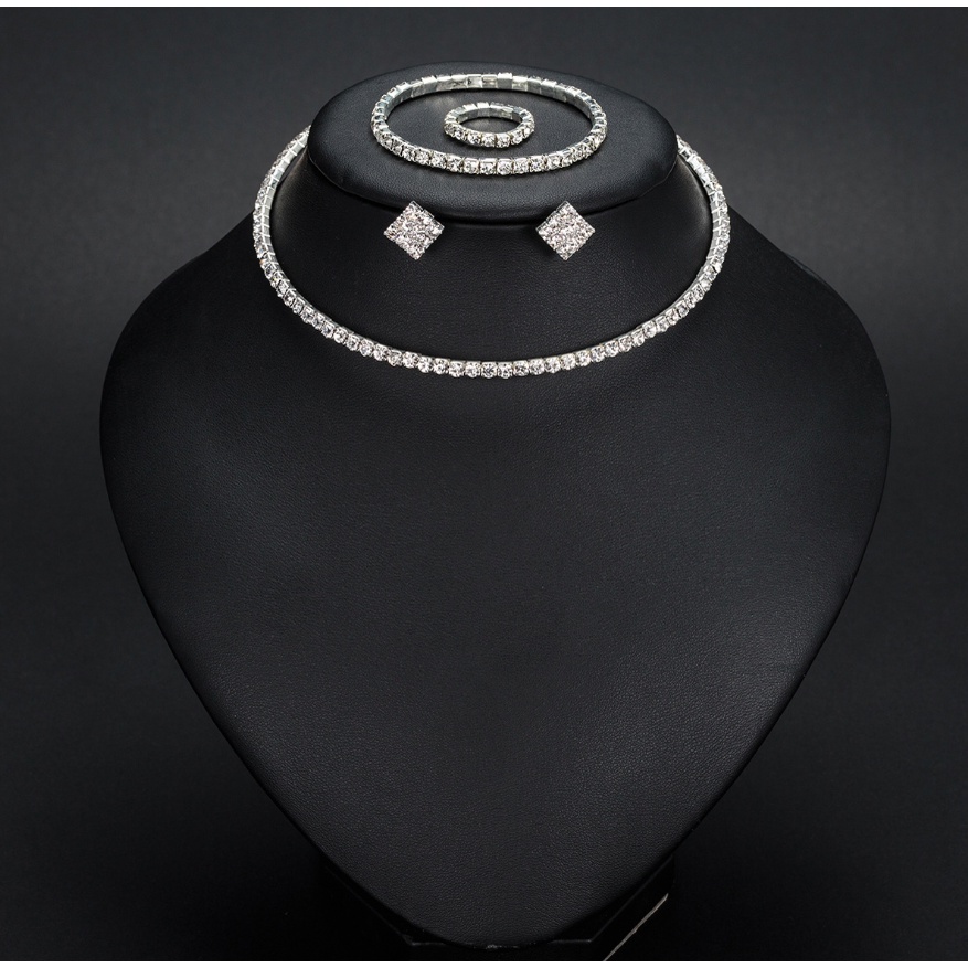 Bộ trang sức bạc 4 món dây chuyền vòng tay bông tai và nhẫn nữ một lớp đính đá thời trang cao cấp