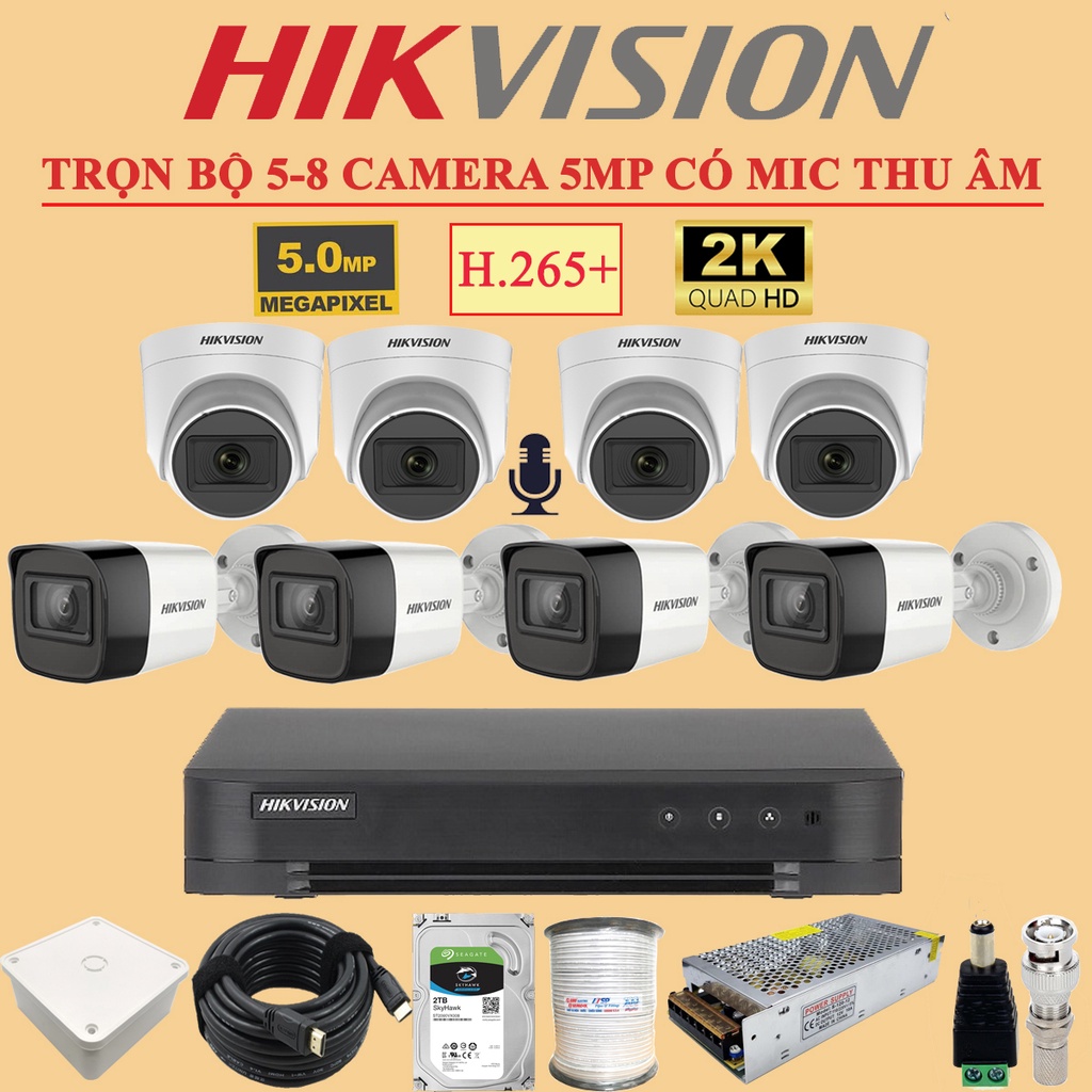 [ CAMERA 5MP MIC thu âm ] Trọn  Bộ Camera 8 Mắt Hikvision 5MP 2560 x 1944 bảo hành 24 tháng (FULL PHỤ KIỆN LẮP ĐẶT)