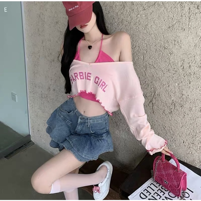 set áo len croptop kèm áo yếm sexy barbie girl (2076#)