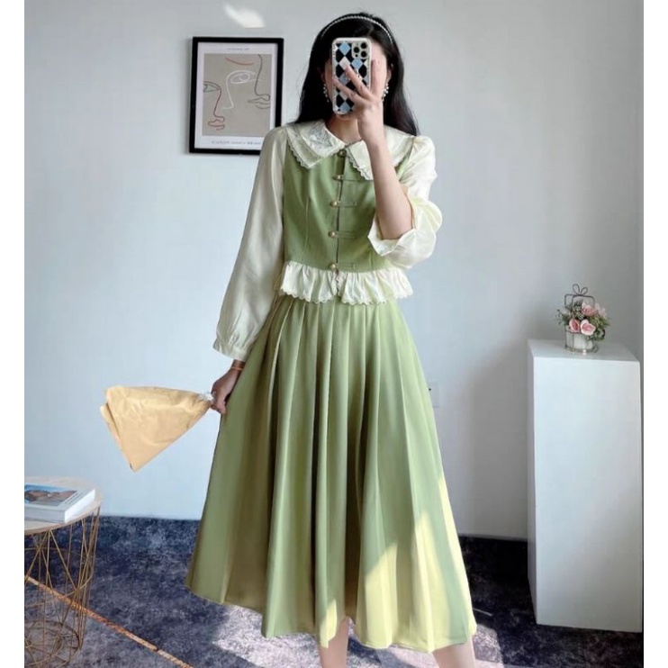 Set Đầm Vintage Màu Xanh Lá Thanh Lịch Nàng Thơ Của Mùa Xuân 2022