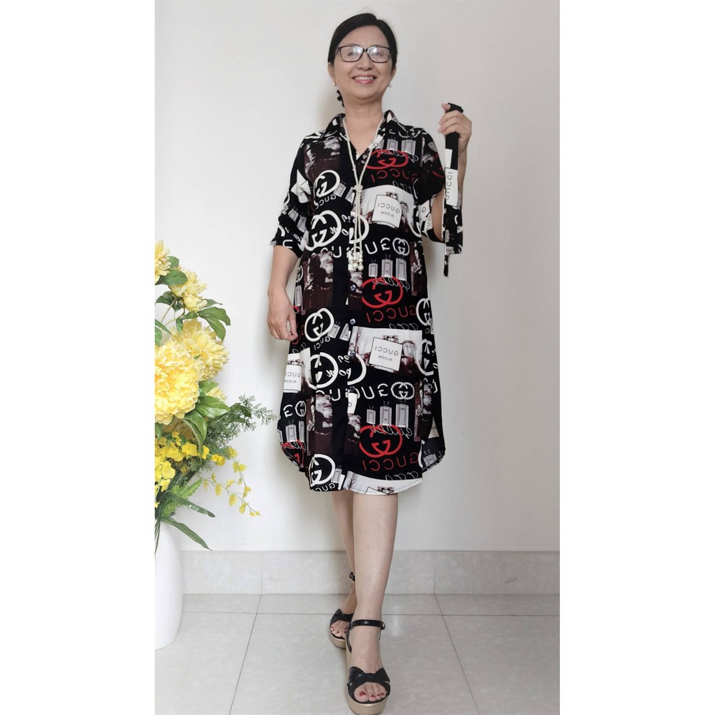 Đầm Trung Niên Kiểu Sơ Mi - Vải Lụa Đũi Ý - Có Dây Cột Ngang Eo - Size 48kg - 85kg | BigBuy360 - bigbuy360.vn